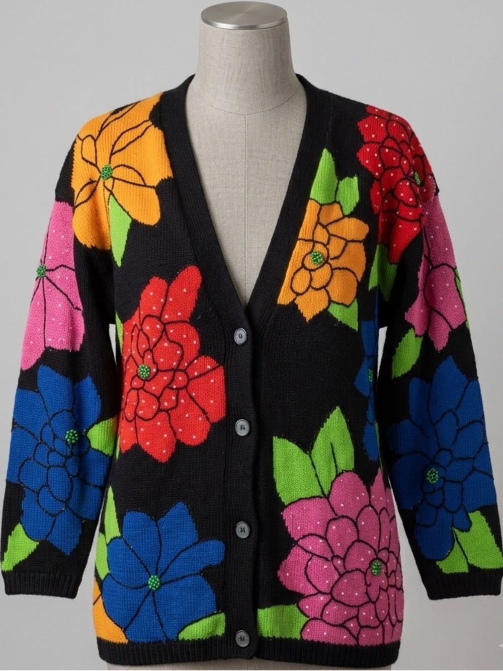 Vintage Chaus Petites Colorful Beaded Floral Intarsia Cardigan Sweater Small